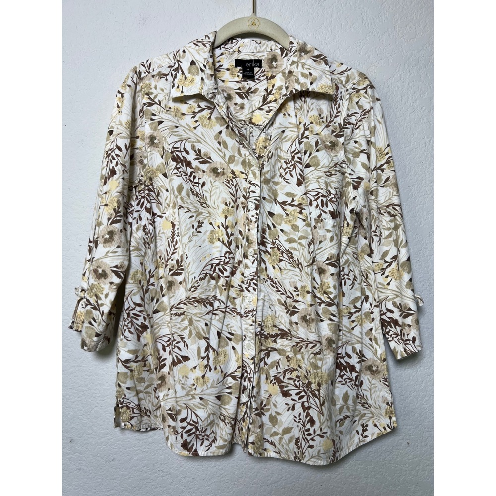 Erika Button Down Shirt M White Floral Womens Cottagecore Boho 3/4 Sleeve Blouse